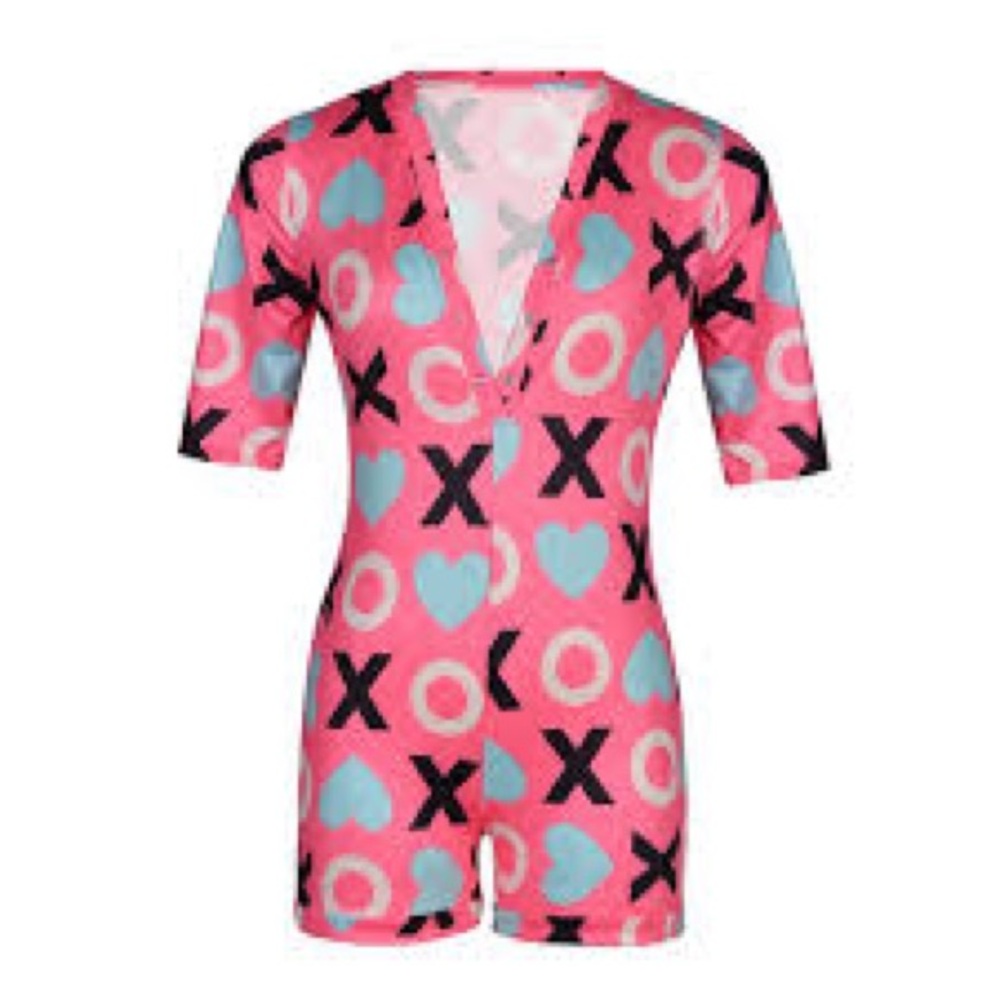 Pink Heart and X Pattern Women's Pajama Romper